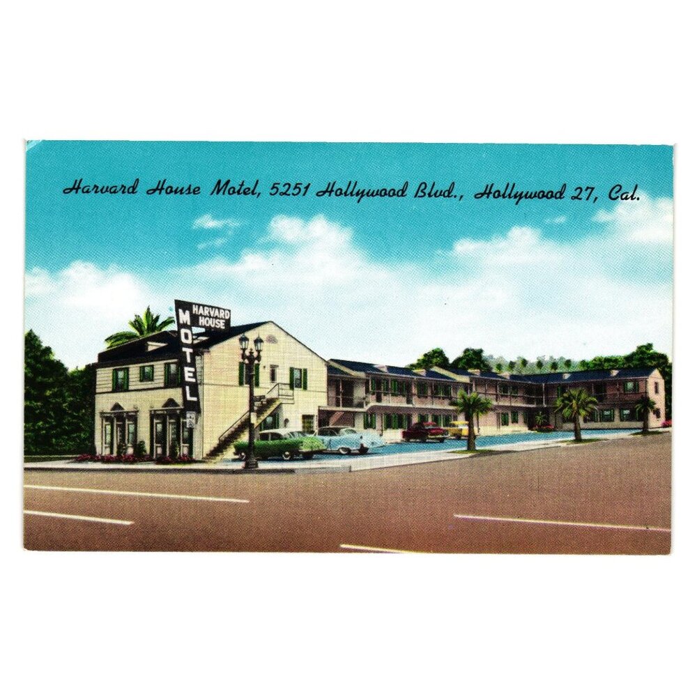 Vintage Harvard House Motel Postcard Hollywood BLVD Travel Vacation Inn Hotel
